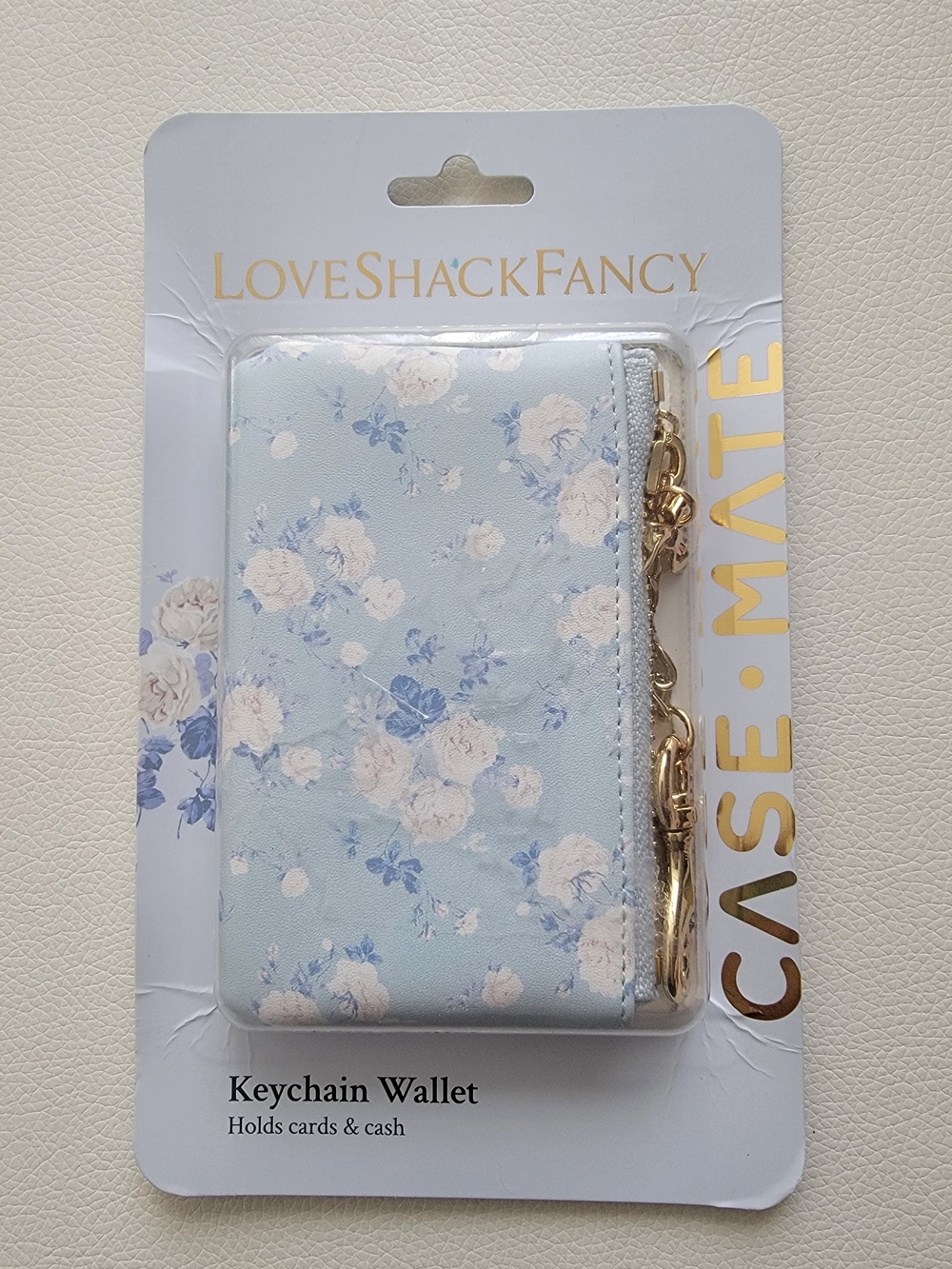 LoveShackFancy Pastel Blue Floral Keychain Card Wallet with Gold Hardware